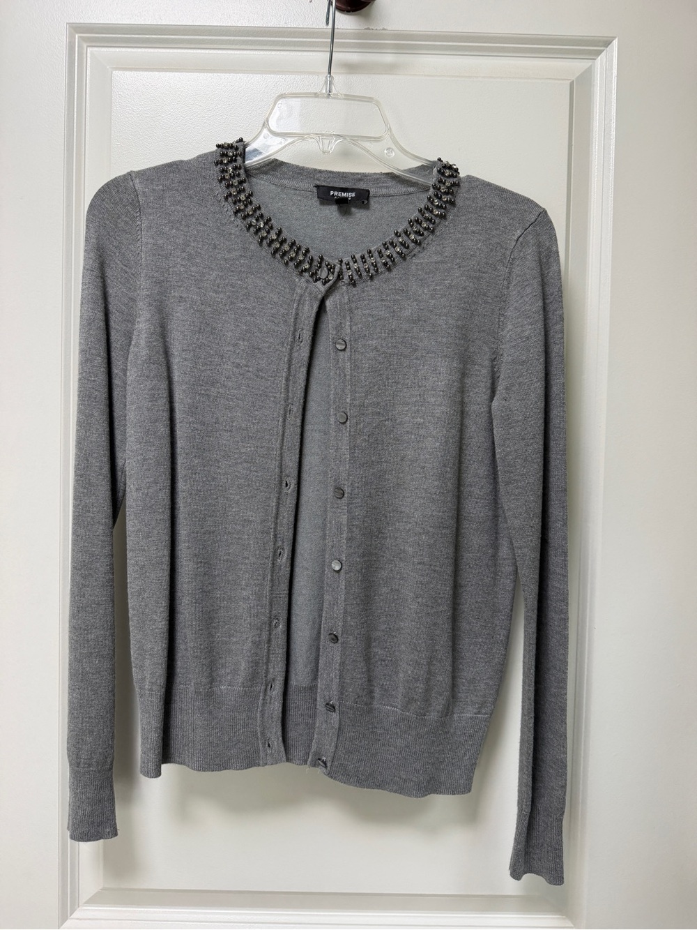 Premise Gray Jeweled Crewneck Button-Front Cardigan